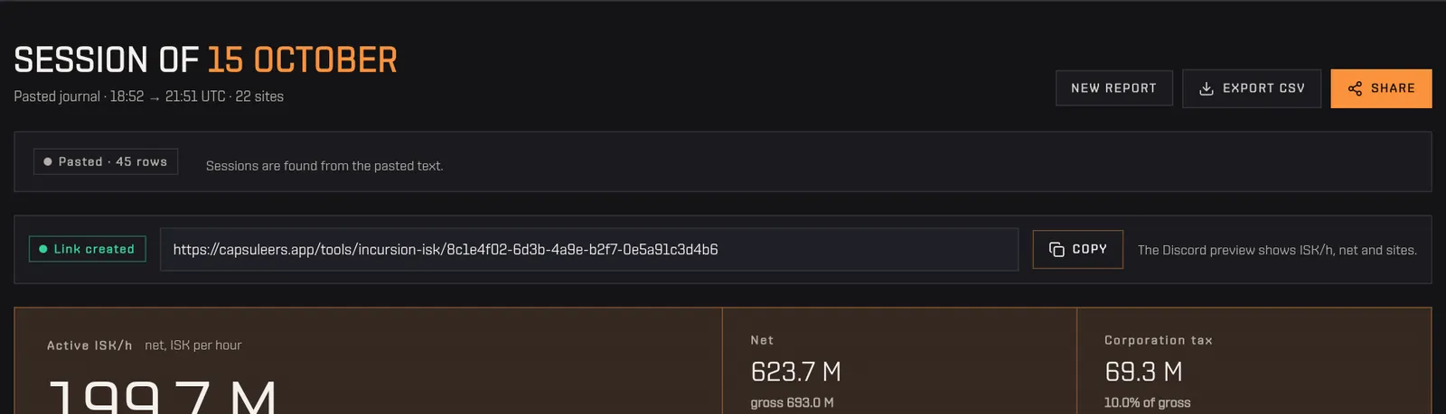 After pressing Share the report link appears with a Copy button and a note on the Discord preview