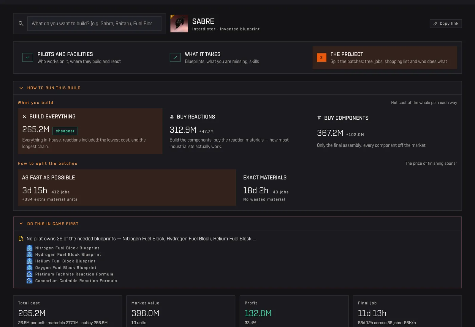 The project for ten Sabres: build strategy, summary of cost, value and profit, and the job plan split between TremalJack and HackingJack