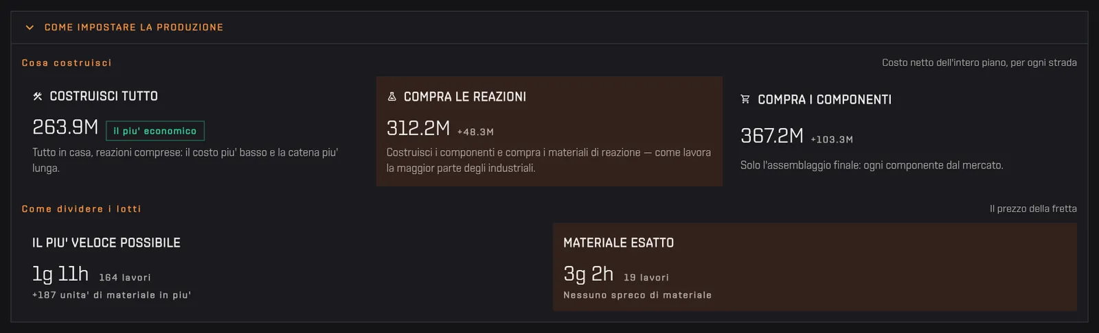 Si sceglie Compra le reazioni e poi Materiale esatto, con costi, durate e numero di lavori che si aggiornano