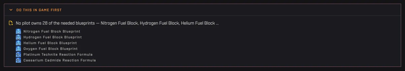 The Do this in game first panel listing the blueprints no pilot owns