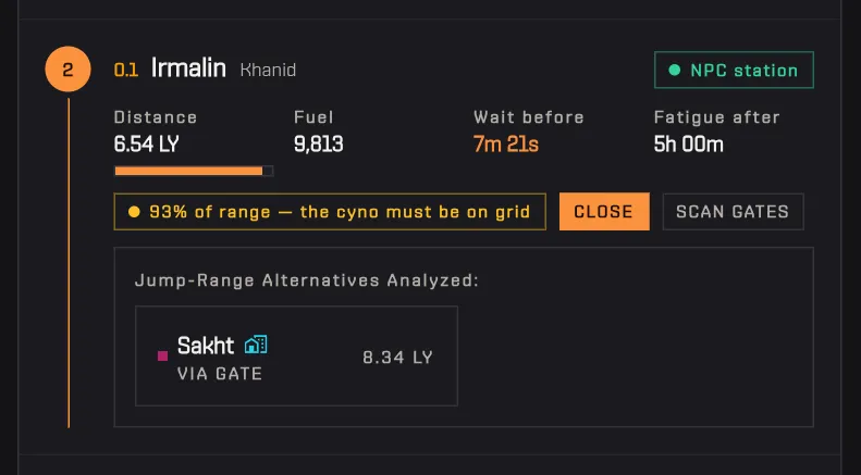 Pressing Alternatives on the second stop opens the list of other reachable systems with distances and station icons
