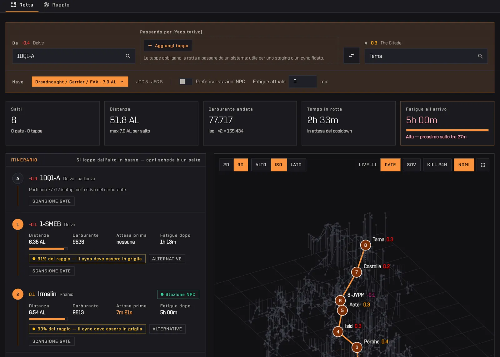 Si scrive 1DQ1-A in Da e Tama in A: la rotta compare da sola, con i riquadri di sintesi, l'itinerario e la mappa