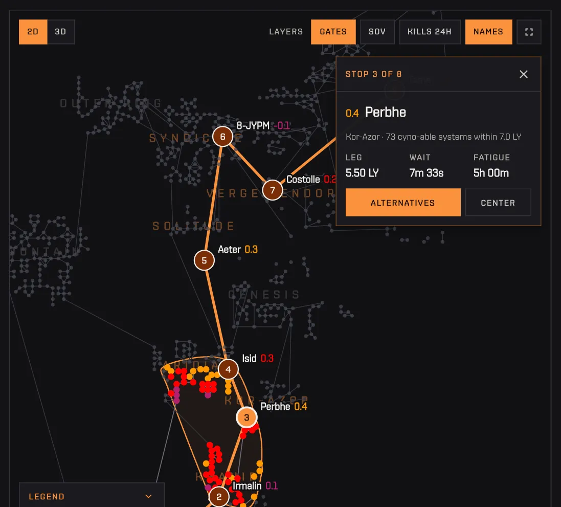 Clicking the third stop in the itinerary: the focus card opens over the map with the leg distance, wait and fatigue
