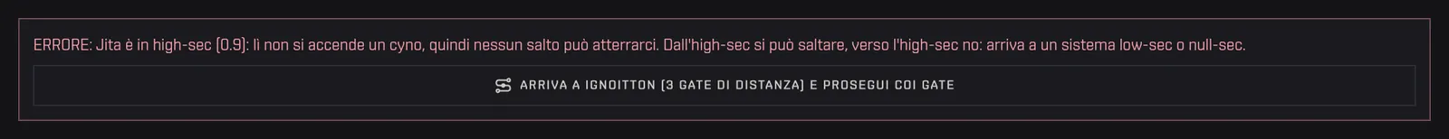 L'errore per Jita come destinazione, con il bottone per arrivare al sistema più vicino dove un salto può atterrare