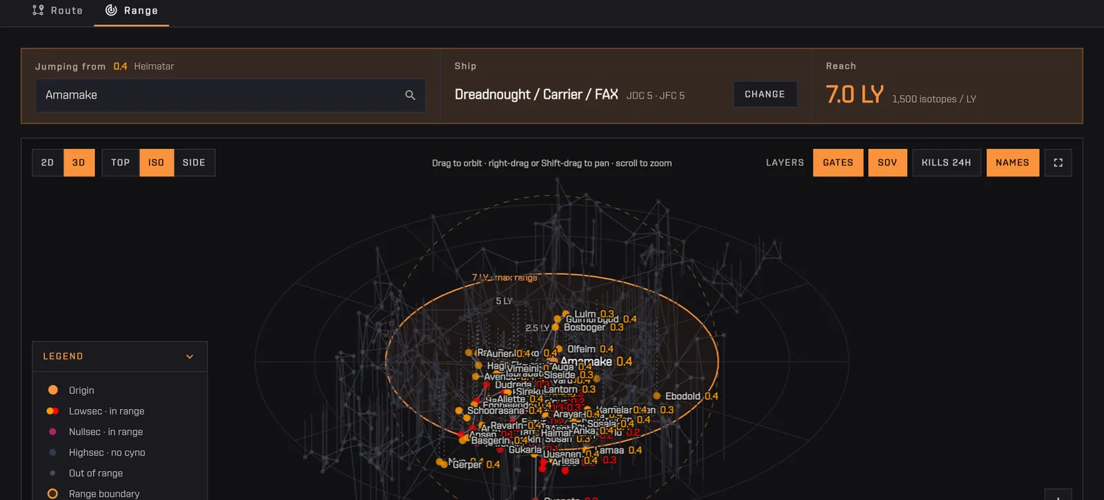 Typing Amamake as the origin: the range of a dreadnought at JDC 5 appears on its own, with the map and the list