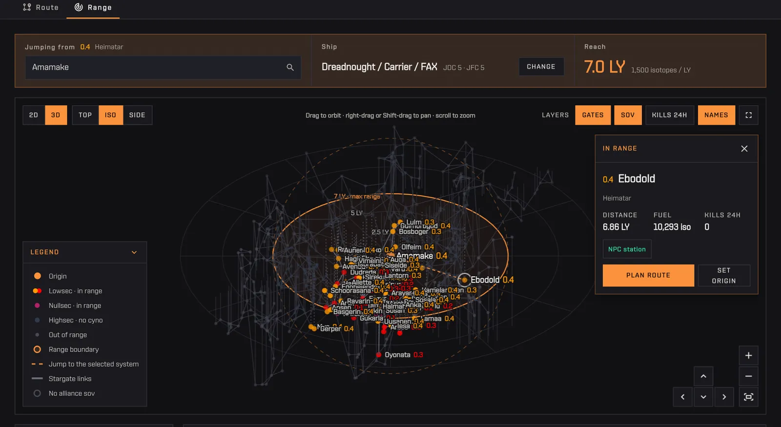A shared range opened from a link: the map and the list already computed, with the Share link button next to the Route and Range tabs