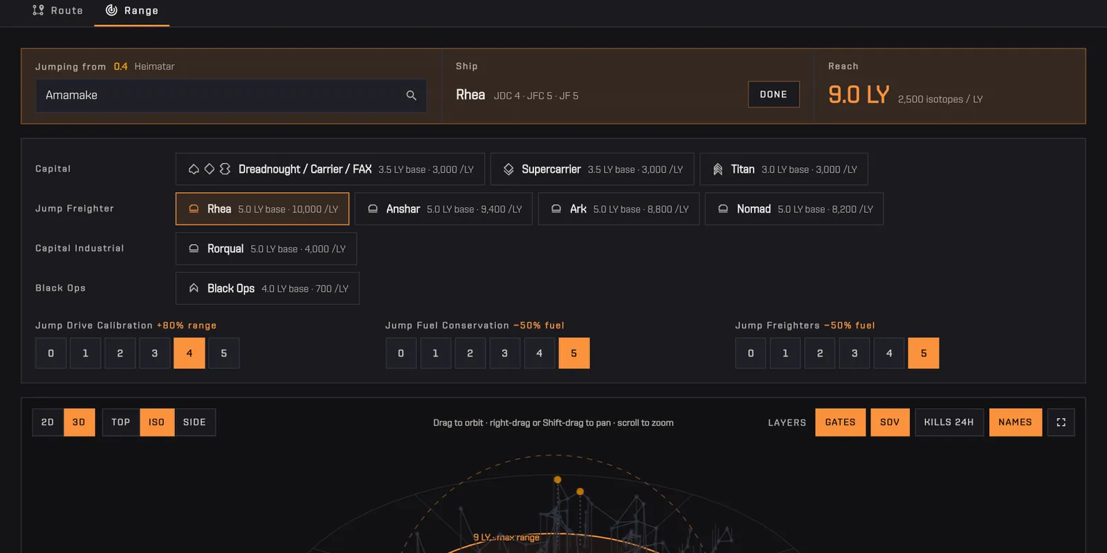 Opening the ship picker and choosing the Rhea: the reach grows to 10 LY and the map and list fill with more systems