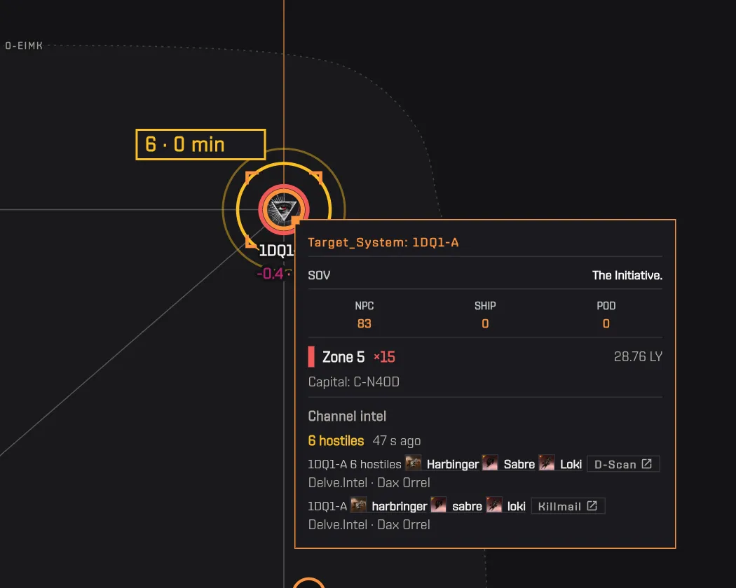 1DQ1-A reported with 6 hostiles: amber ring and pill on the map, the report in the tooltip