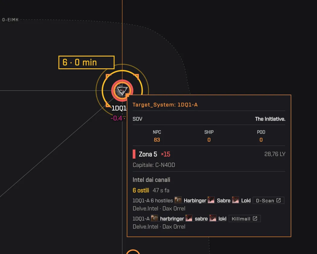 1DQ1-A segnalato con 6 ostili: anello ambra e pastiglia sulla mappa, la segnalazione nel riquadro