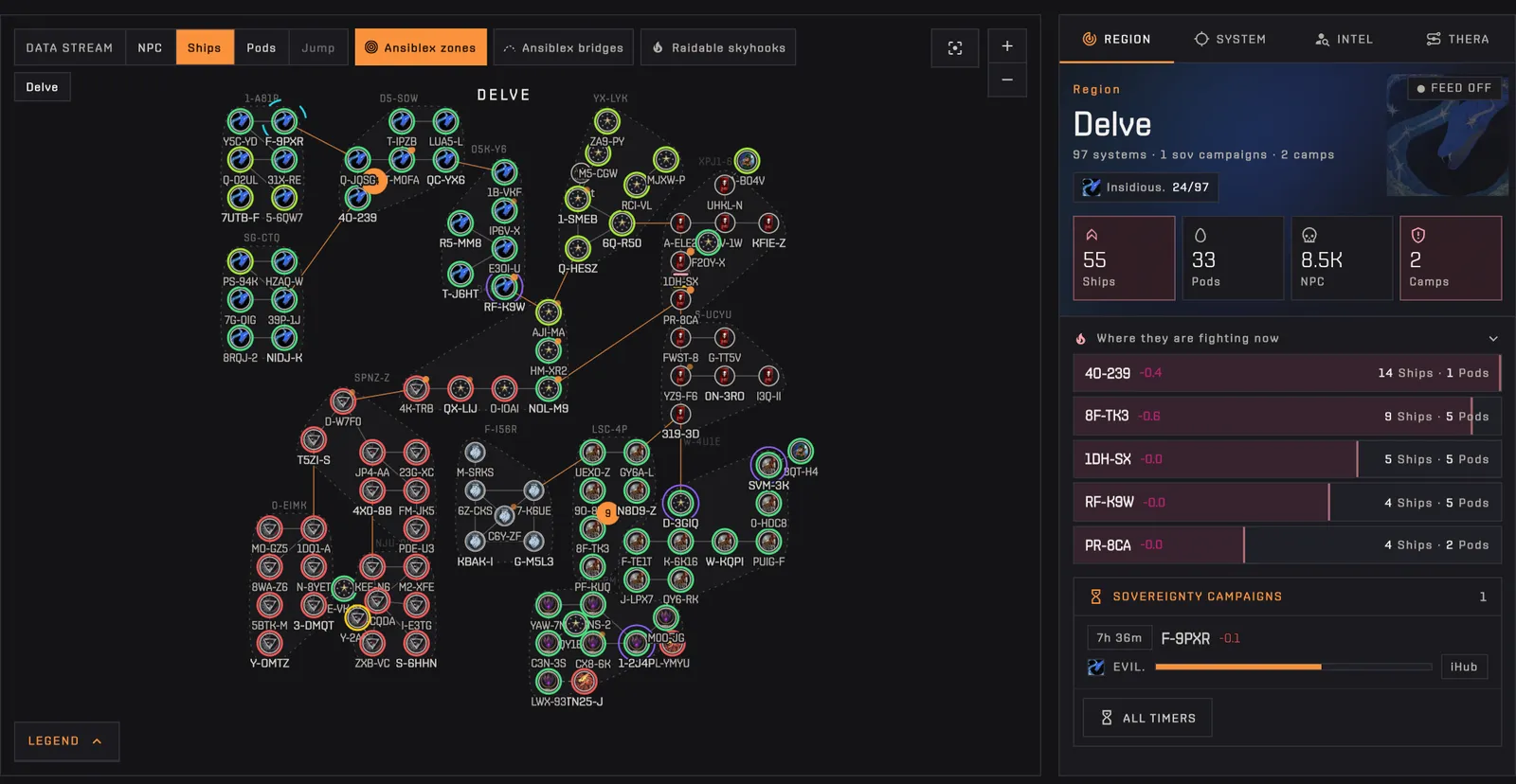 The Live Map on Delve: systems coloured by security, last-hour kill badges and the Region panel on the right