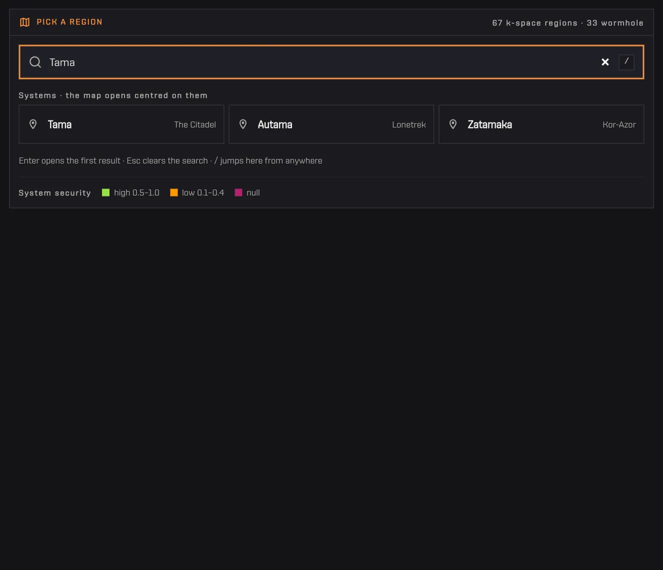The Live Map start page: switching tabs, then searching «Tama»