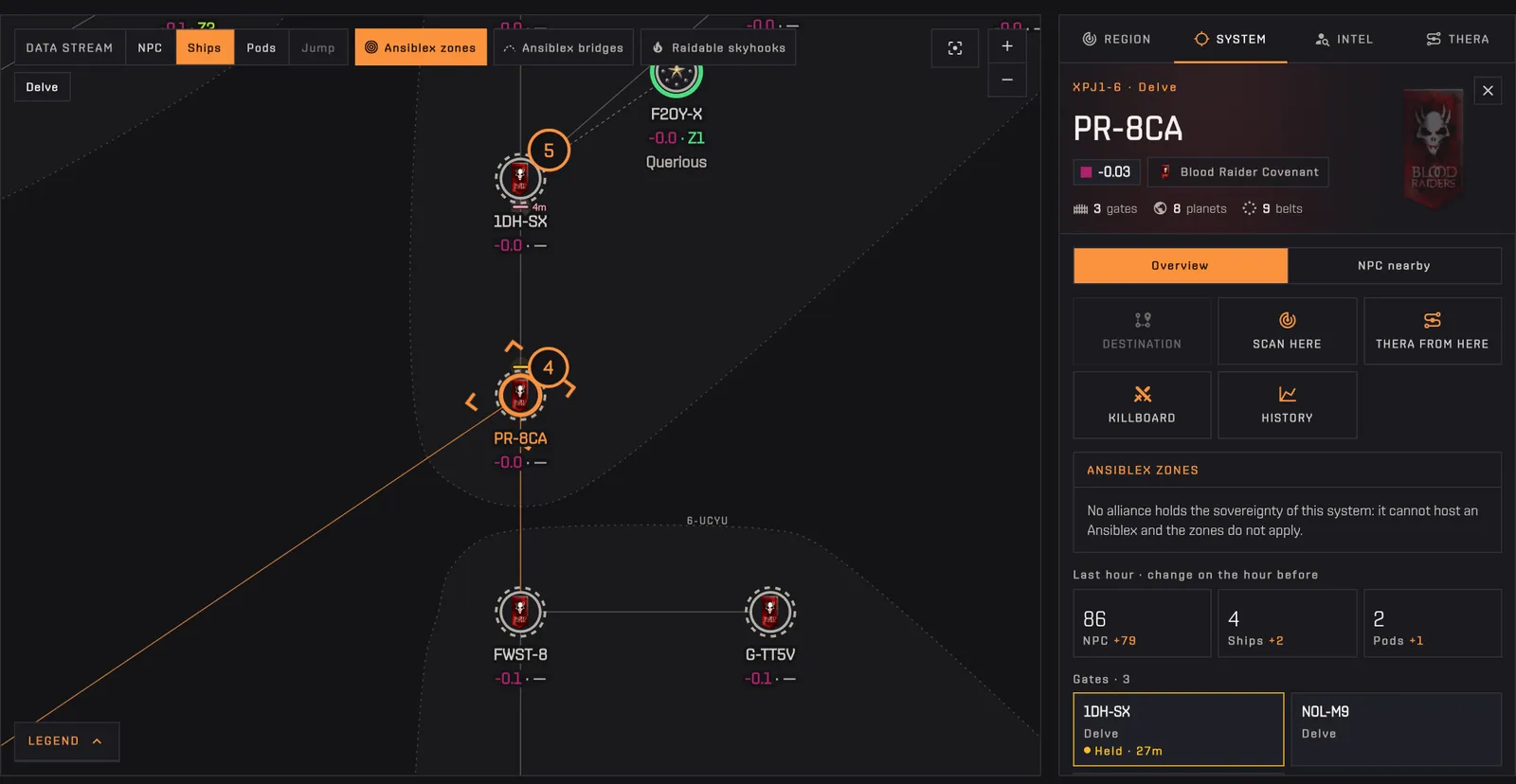 Clicking PR-8CA opens its system card in the right panel