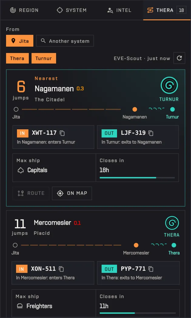 The Thera tab listing the nearest connections from Jita