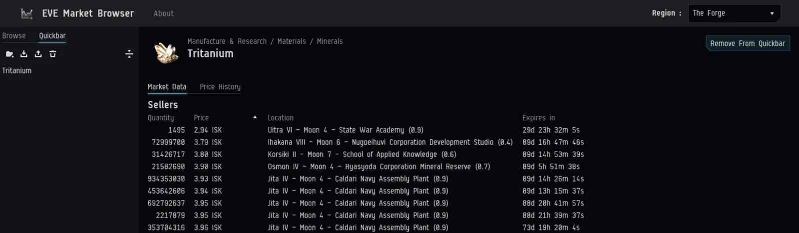 Tritanium added to the quickbar and shown in the Quickbar tab