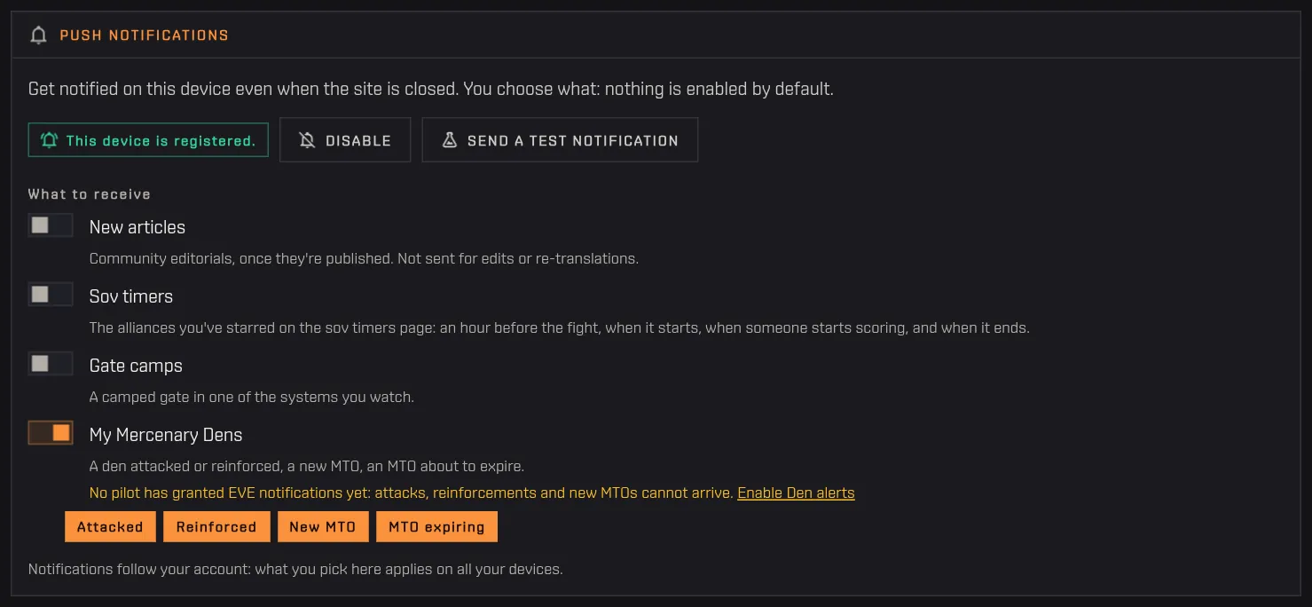The My Mercenary Dens notification topic switched on in the profile, with the four den events selected