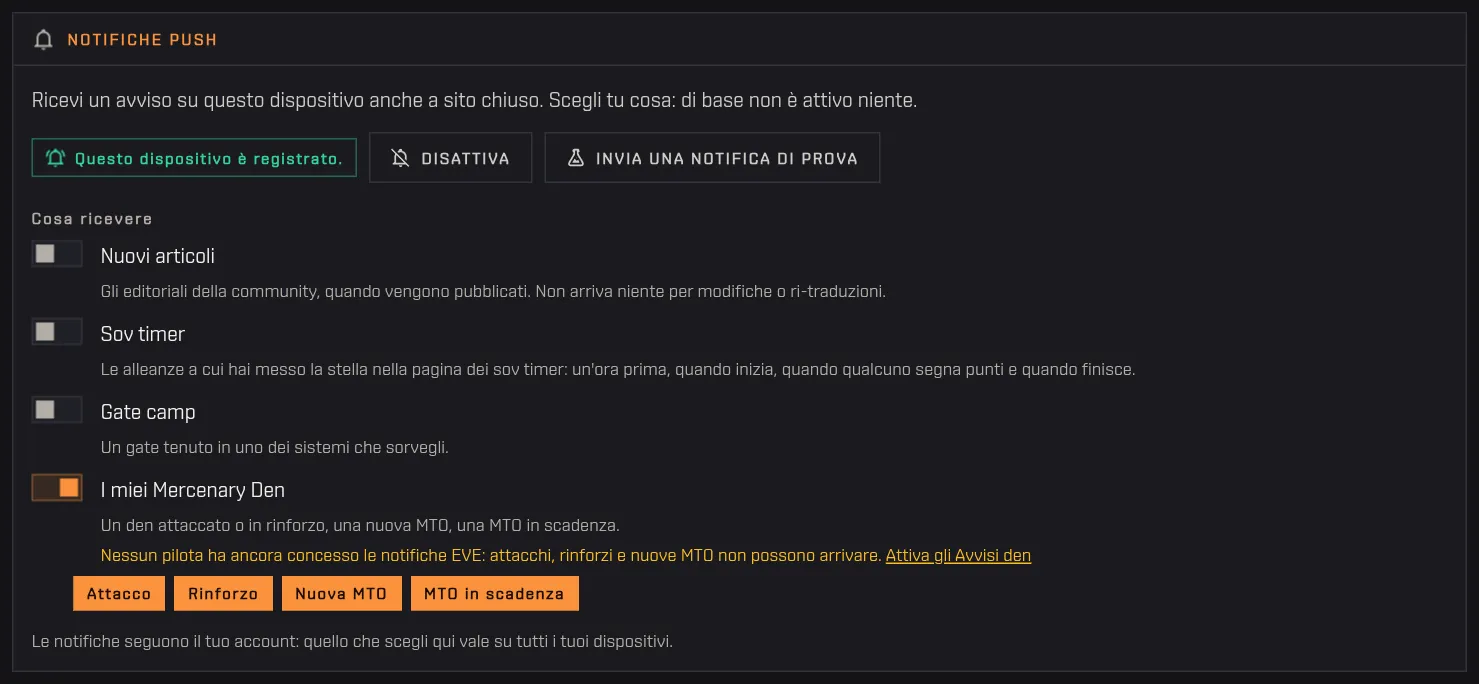 L'argomento I miei Mercenary Den acceso nel profilo, con i quattro eventi dei den selezionati