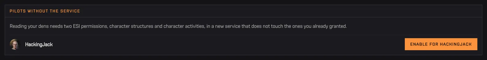 The list of pilots without the Mercenary Den service, each with an Enable button