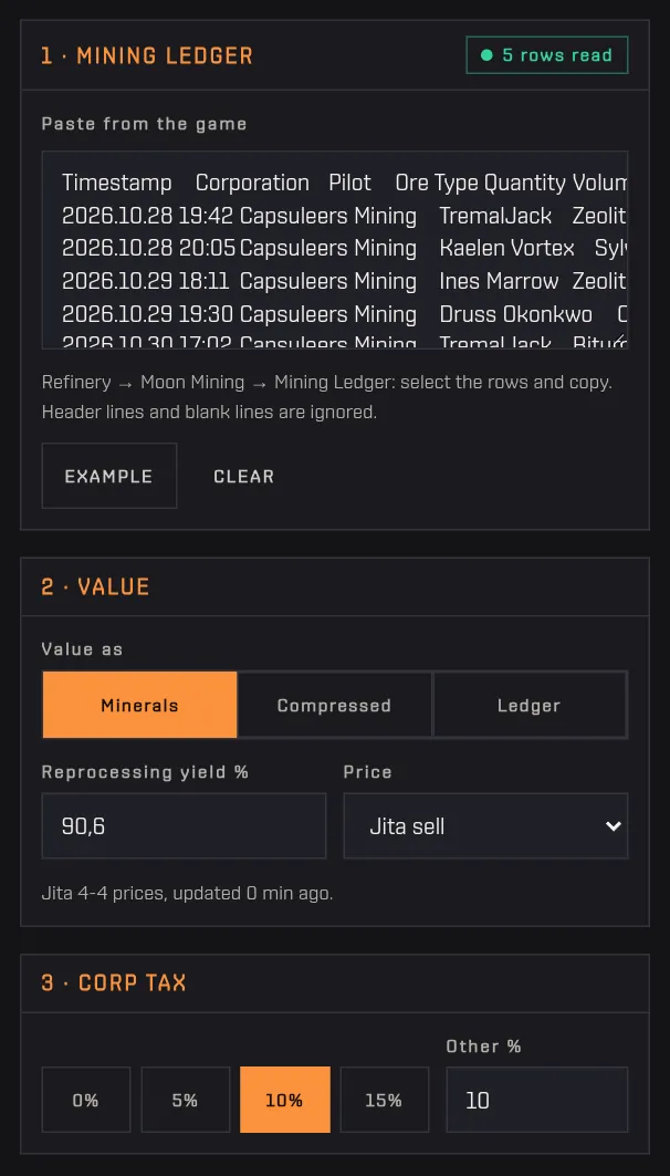 The Mining ledger box with an example ledger and the rows read counter