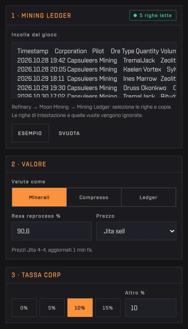Il riquadro Mining ledger con un ledger d'esempio e il contatore delle righe lette