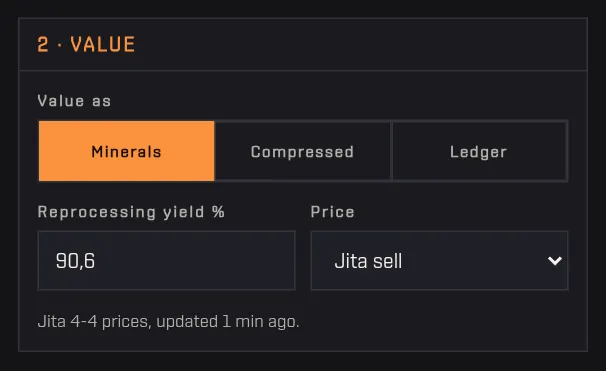 The Value as selector with Minerals, Compressed and Ledger, the yield field and the Jita sell or buy side