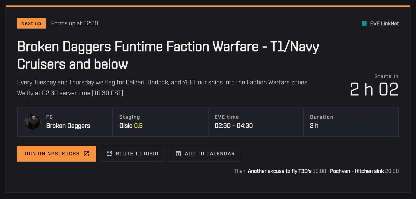 The featured fleet card with countdown, FC, staging system, time and duration