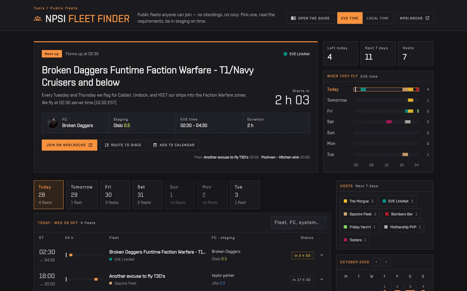 The NPSI Fleet Finder: next fleet with countdown, the seven-day rhythm, the day strip and today's fleets