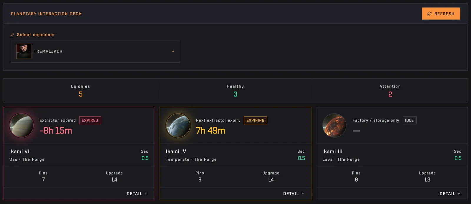 The capsuleer selector opening and switching to TremalJack, with the colonies reloading below