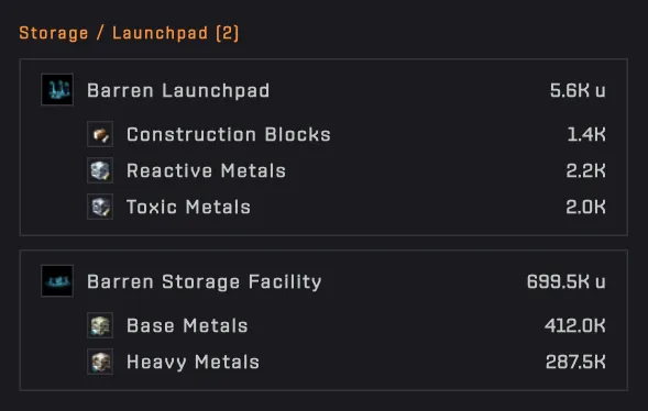 The storage section of Ikami II: a launchpad with Construction Blocks, Reactive Metals and Toxic Metals, a storage facility with Base Metals and Heavy Metals