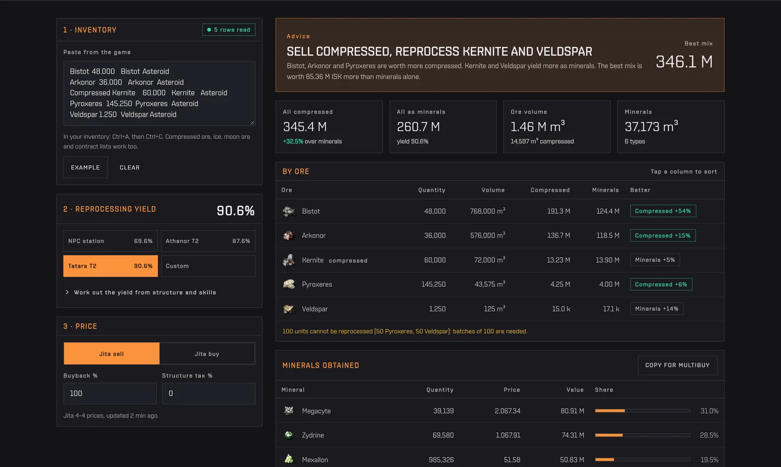The reprocess calculator with an example inventory: the verdict and the best mix, the all-compressed and all-minerals totals, then the table by ore