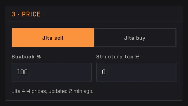The Price section with the Jita sell and Jita buy buttons, the Buyback and Structure tax fields and the age of the prices