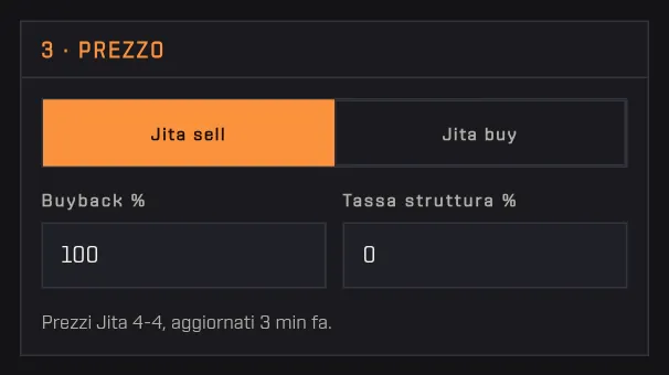 La sezione Prezzo con i pulsanti Jita sell e Jita buy, i campi Buyback e Tassa struttura e l'età dei prezzi
