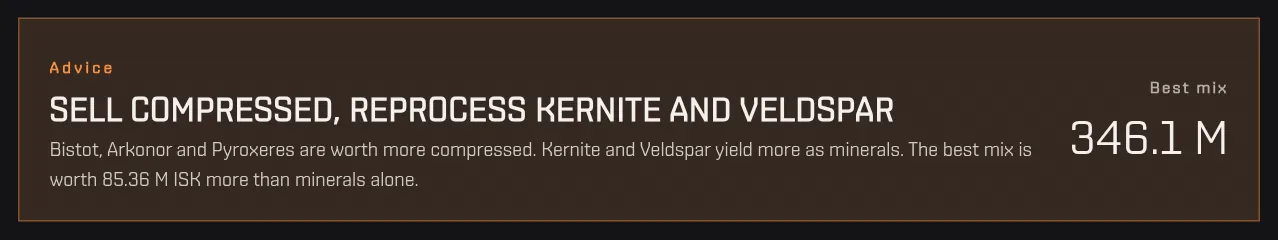 The Advice box with the verdict and the best mix, and the four tiles for compressed, minerals and volumes