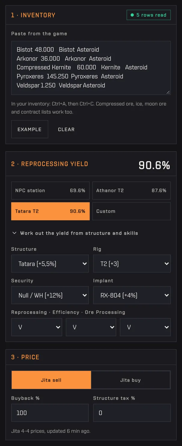 The yield panel with the presets and the detailed fields: structure, rig, security, implant and the three skills