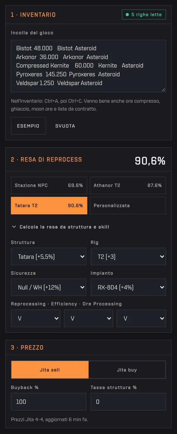 Il pannello della resa con i preset e i campi di dettaglio: struttura, rig, sicurezza, impianto e le tre skill