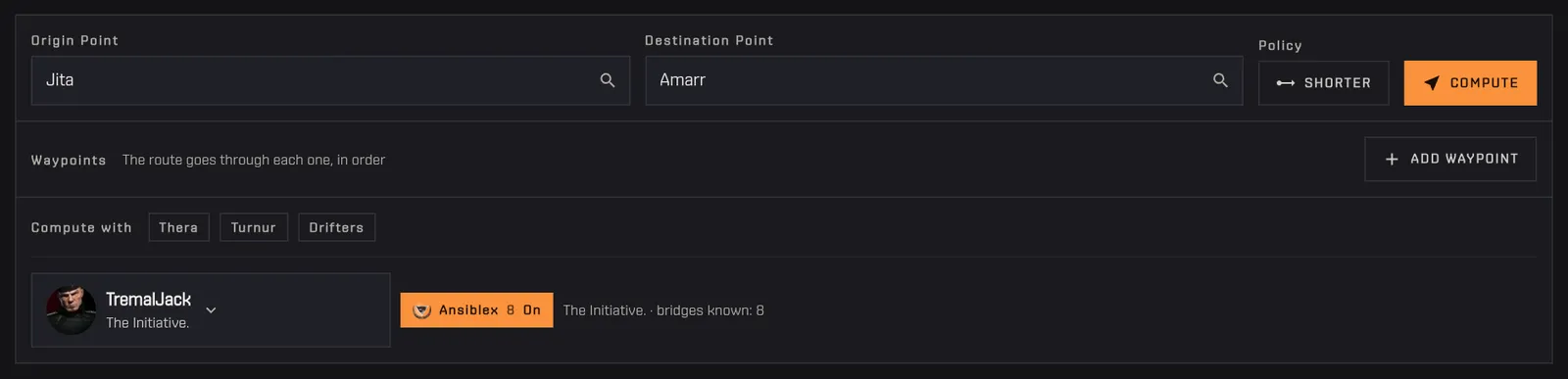 The Ansiblex row of the Route Planner: the chosen character with its alliance and the Ansiblex chip switched On with the bridges known