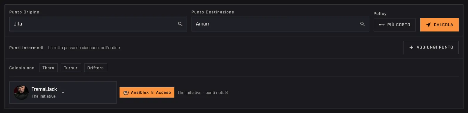 La riga Ansiblex del Route Planner: il personaggio scelto con la sua alleanza e il chip Ansiblex acceso con i ponti noti