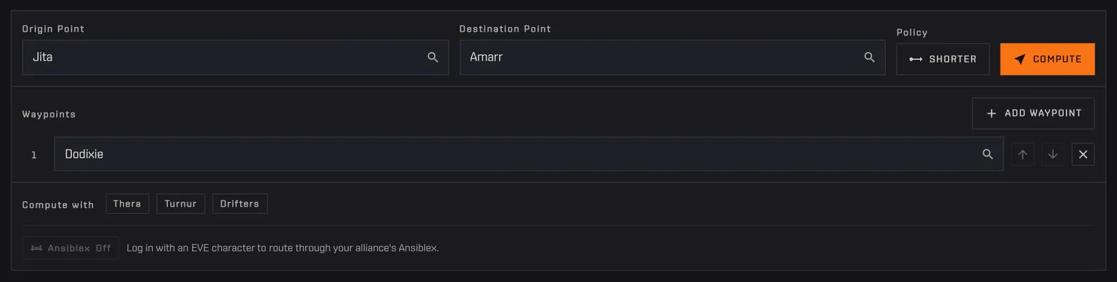 Pressing Add waypoint, typing Dodixie and computing the route from Jita to Amarr through it