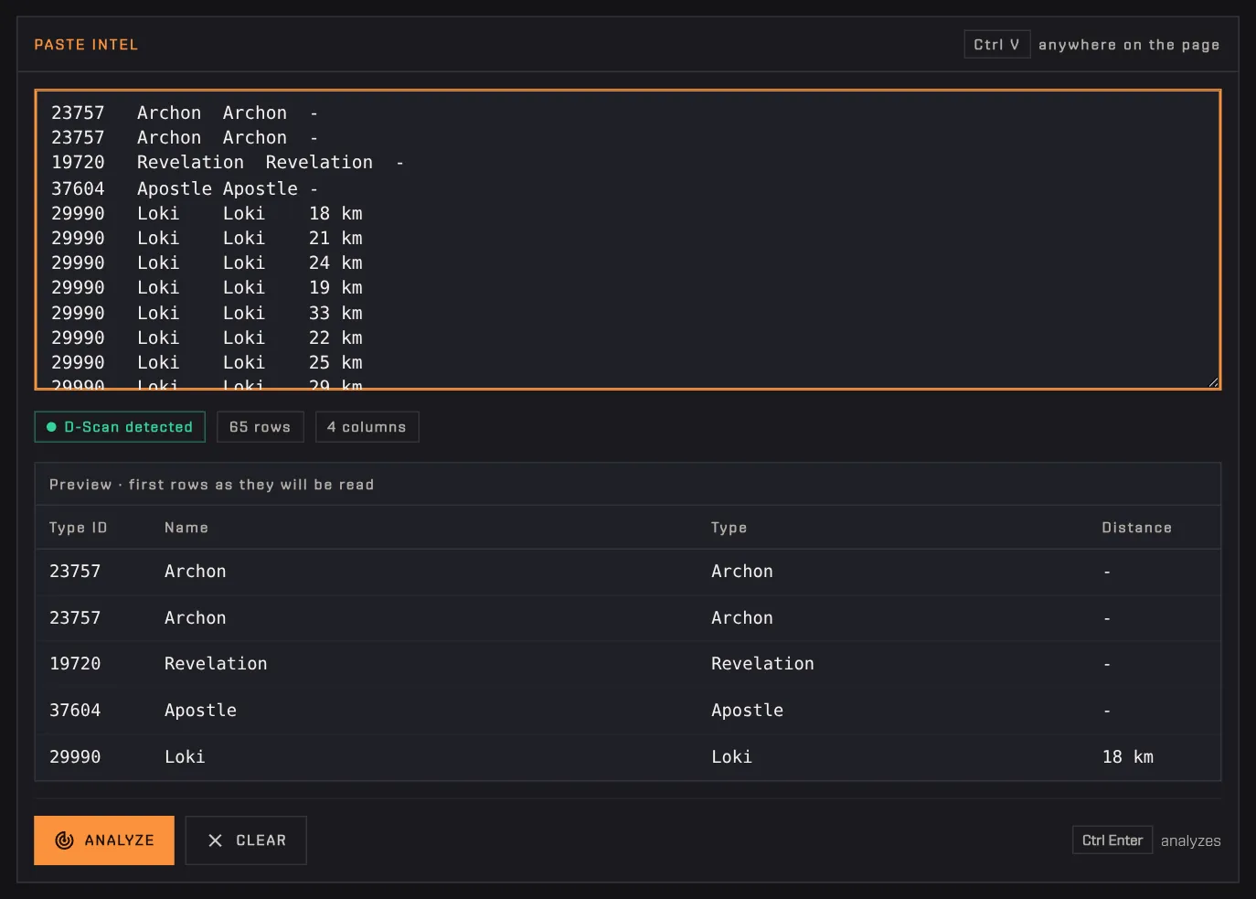 The paste box filling with the sample D-Scan: «D-Scan detected» chip, row count and preview of the first rows