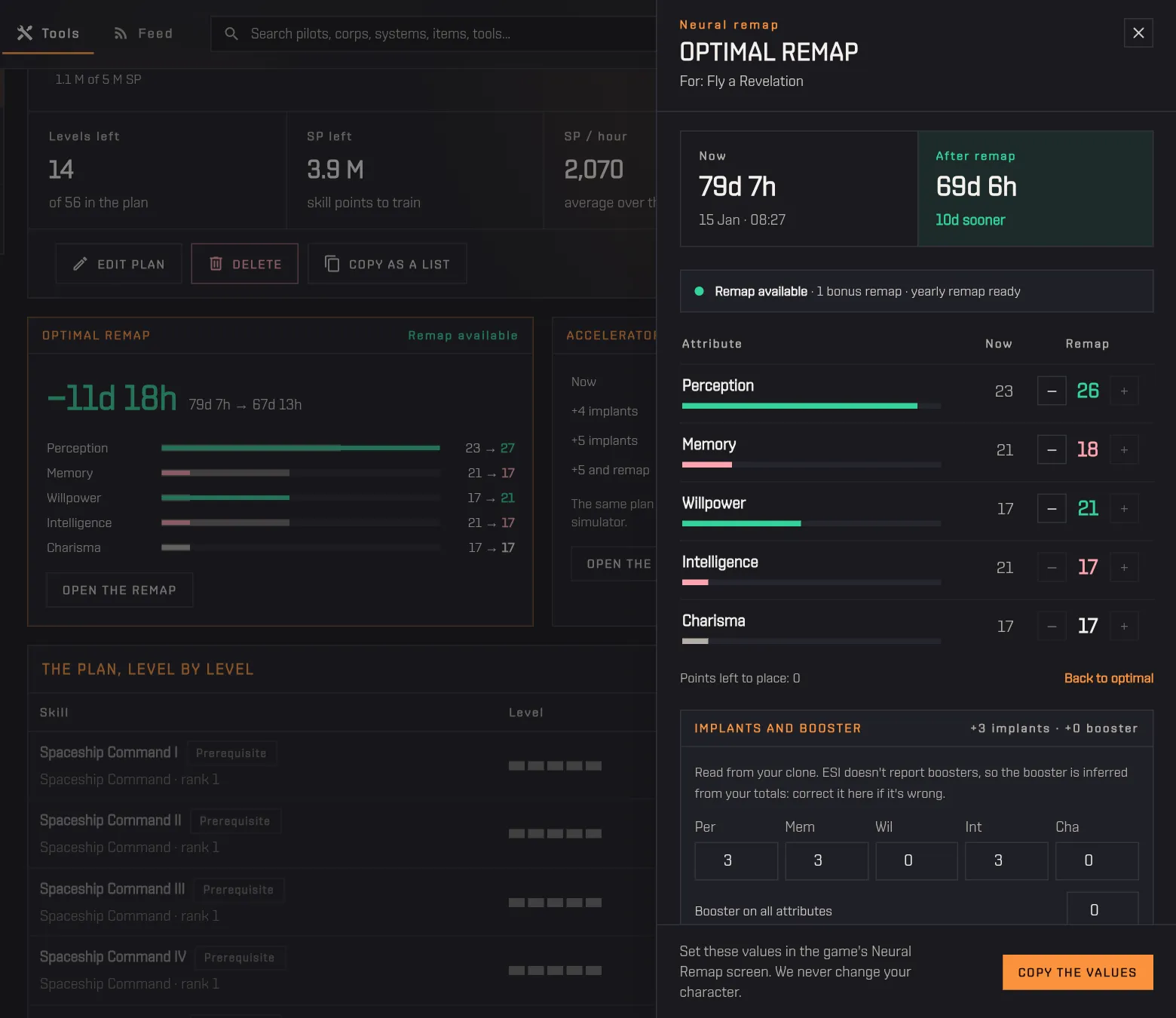 Opening the Optimal remap panel and moving attribute points with the minus and plus buttons