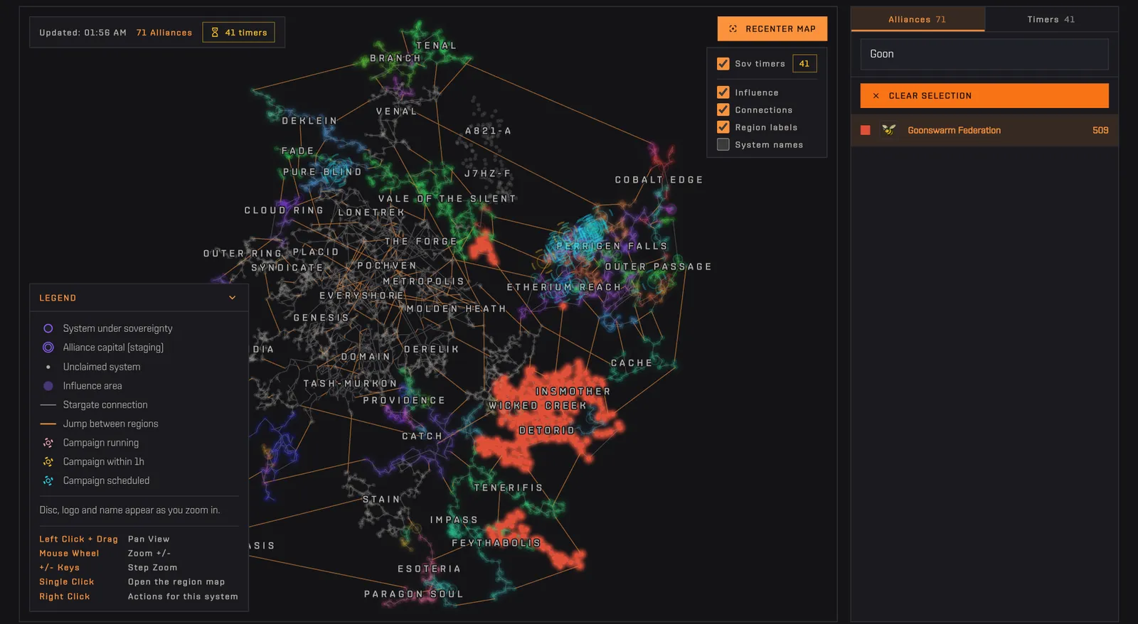 Typing Goon in the alliance filter and clicking the result: the map dims and only that alliance's systems stay lit