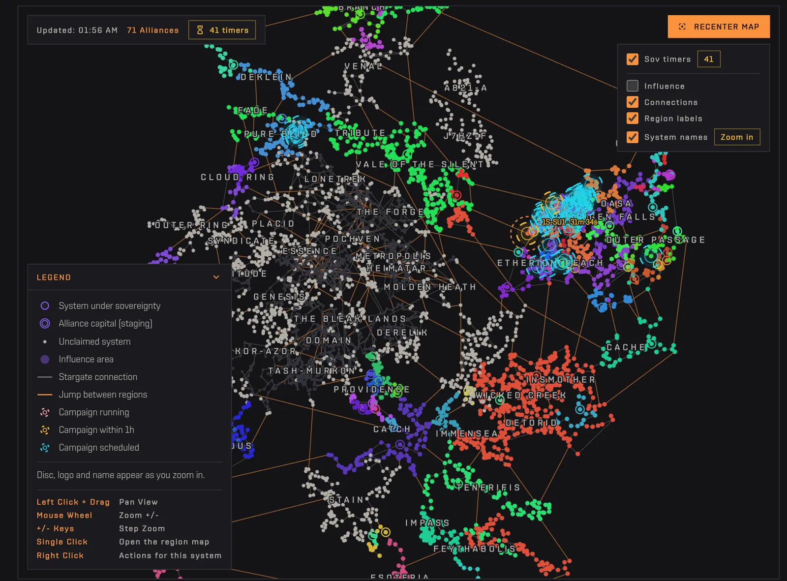 Unticking Influence removes the coloured areas; ticking System names writes the name of every system