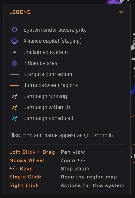 The sov map legend with the meaning of each mark and the list of controls