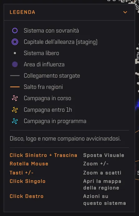 La legenda della sov map con il significato di ogni segno e l'elenco dei comandi