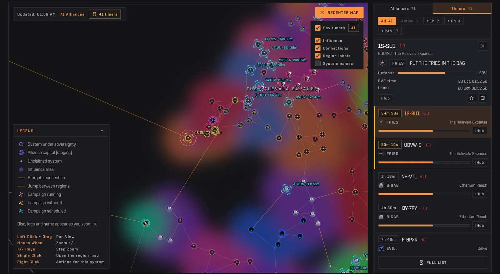 Opening the Timers tab and clicking the first campaign: the map zooms to its system and the campaign card opens
