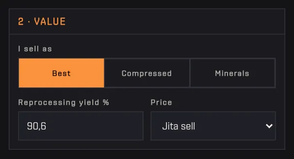 The Value section with the Best, Compressed and Minerals modes, the yield and the market side