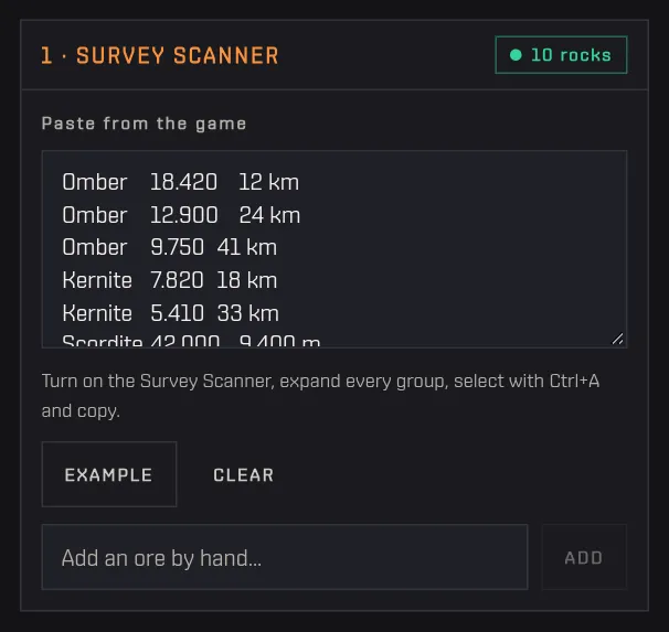 The Survey scanner box with an example scan, the rocks counter and the box to add an ore by hand