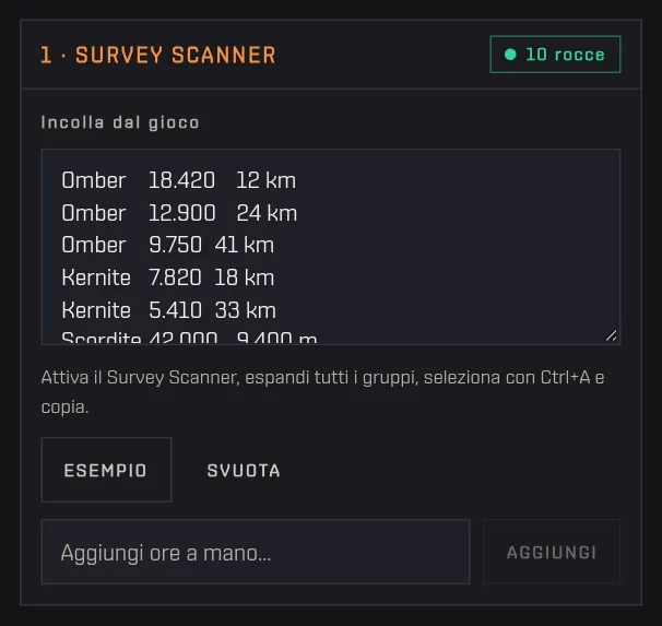 Il riquadro Survey scanner con uno scan d'esempio, il contatore delle rocce e il campo per aggiungere un ore a mano