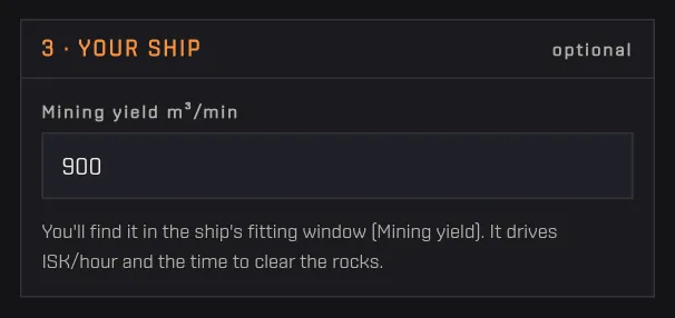 The Your ship section with the Mining yield field in m³ per minute and the hint about where to find it