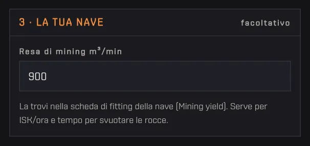 La sezione La tua nave con il campo Resa di mining in m3 al minuto e il suggerimento su dove trovarla