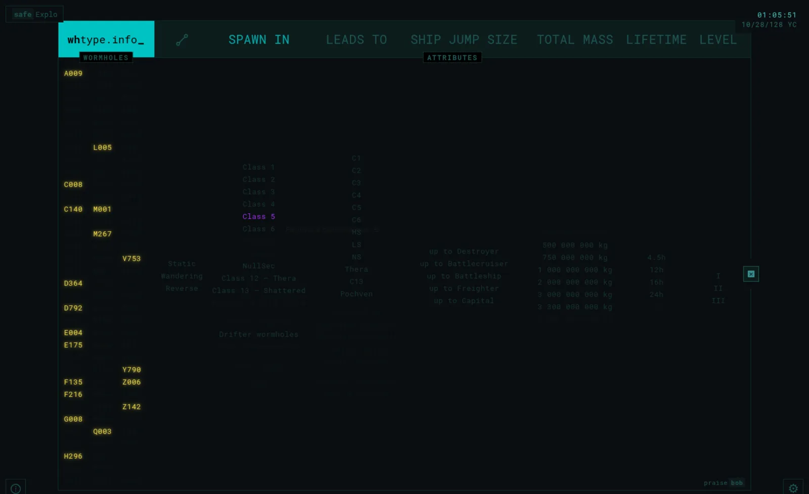 whtype.info with Class 5 clicked under SPAWN IN and every wormhole code that spawns there highlighted